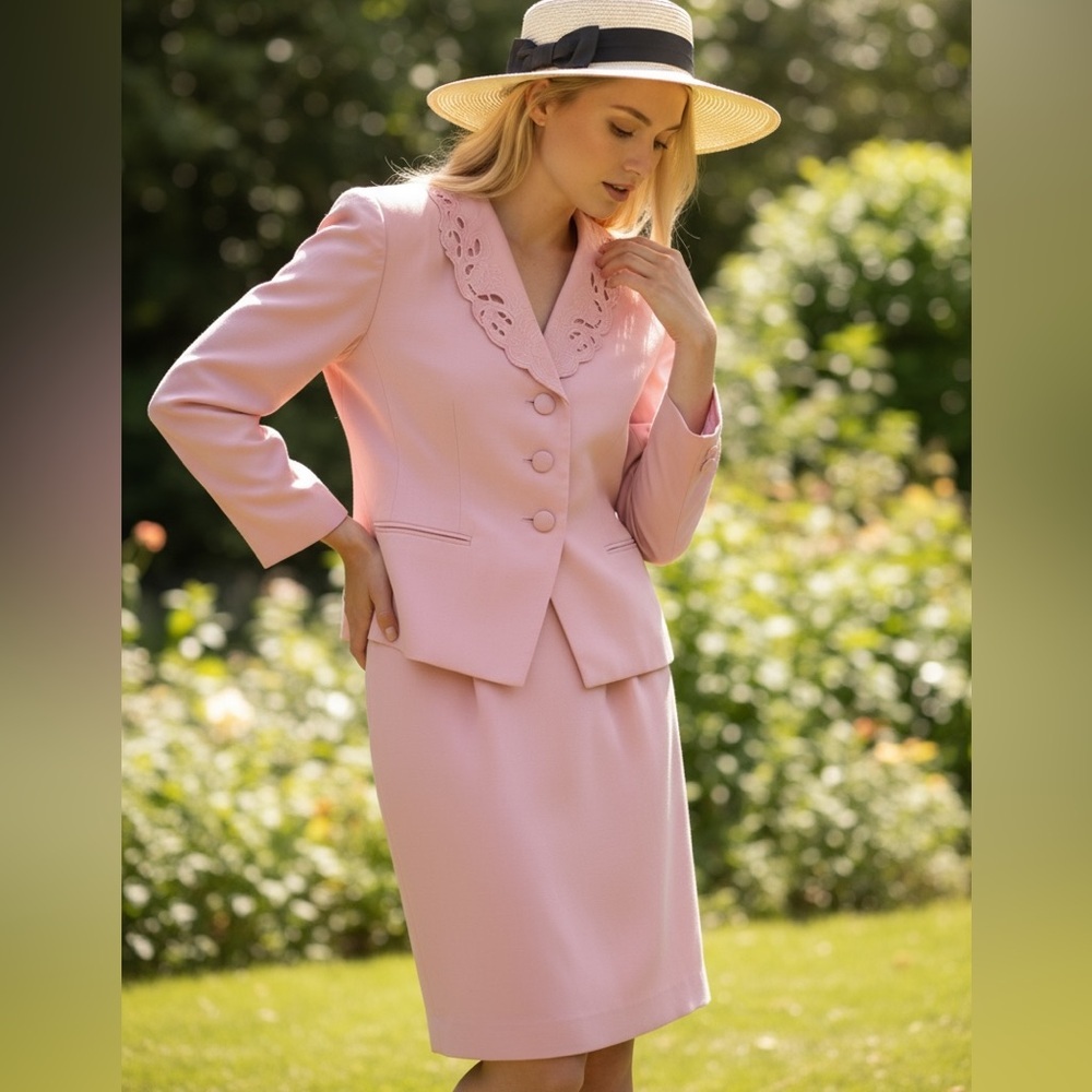 Vintage Morgan Miller Laser Cut Lapel Elegant Pink Skirt Set
